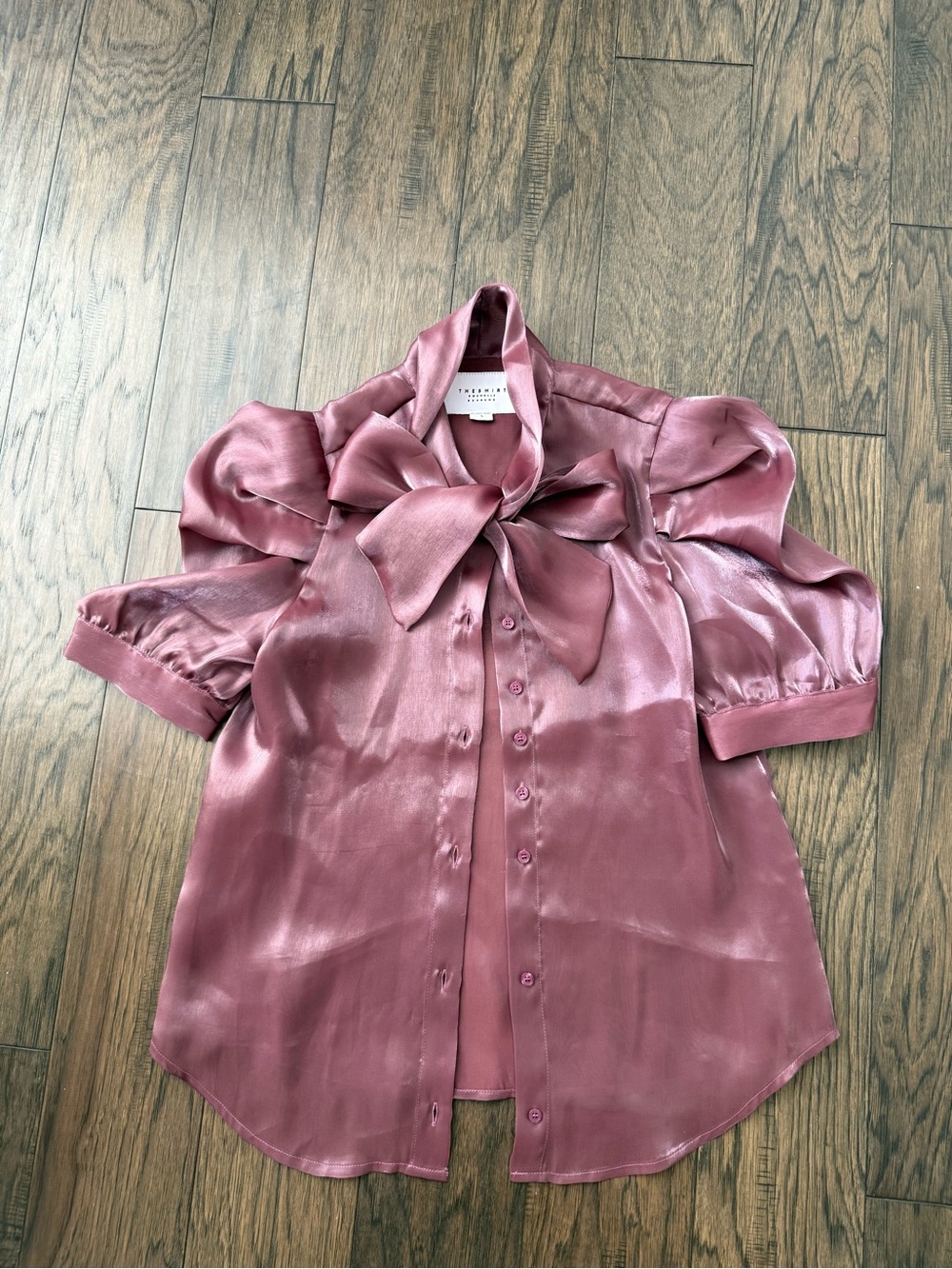 The Shirt by Rochelle Behrens Satin Tie-Neck Puff Sleeve Blouse — Dusty Mauve